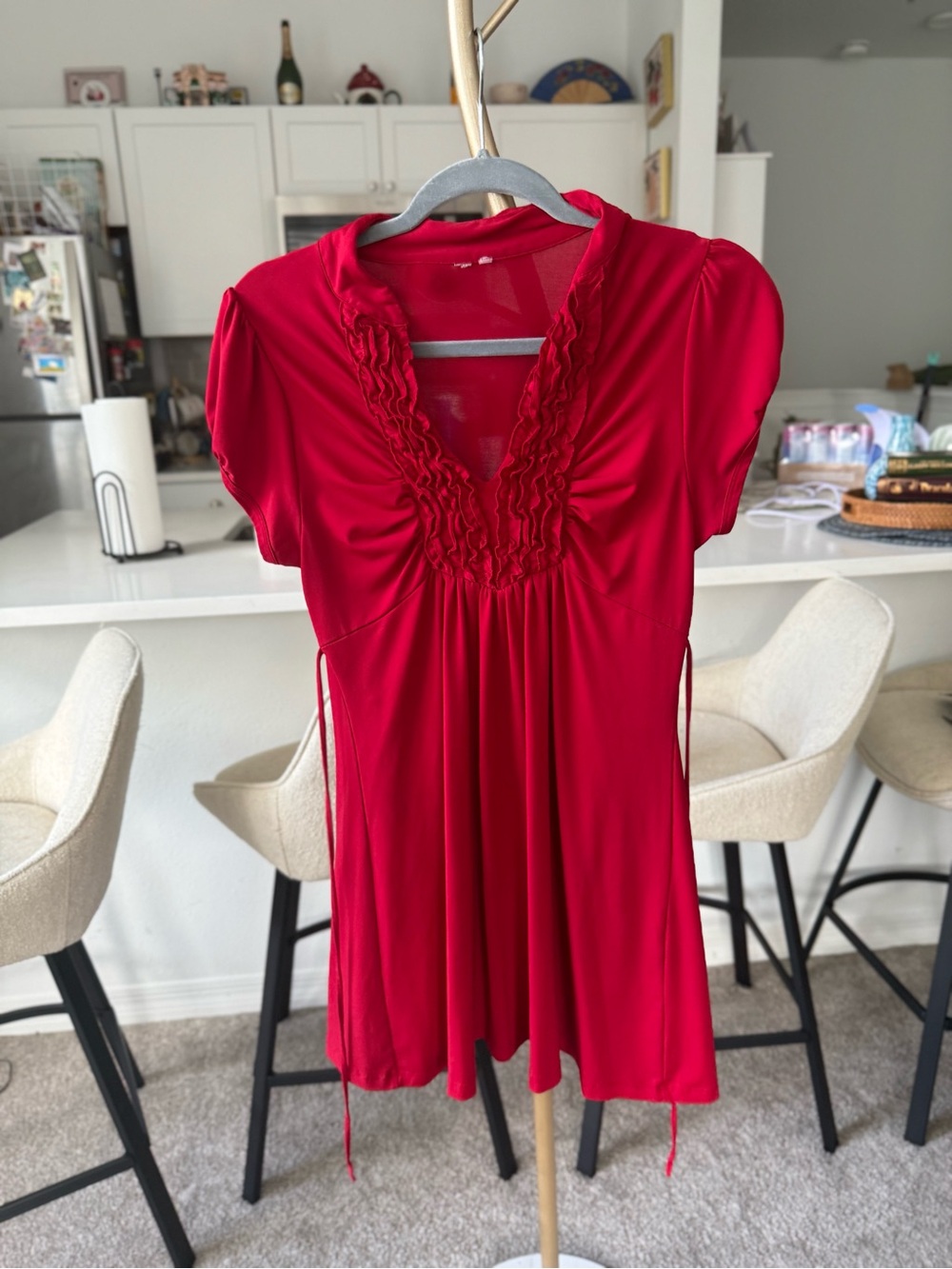 Women's Ruffled V-Neck Short Sleeve Tunic/ Mini Dress- Red